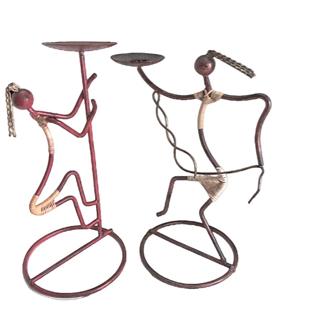 Abstract Wrought Iron Rattan Candle Holders, Sculptural Figures, Home Decor